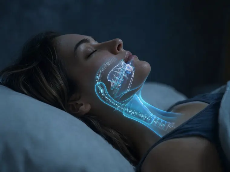 Illustration of an adult's airway during sleep, showing how the tongue and soft tissue can narrow the breathing passage