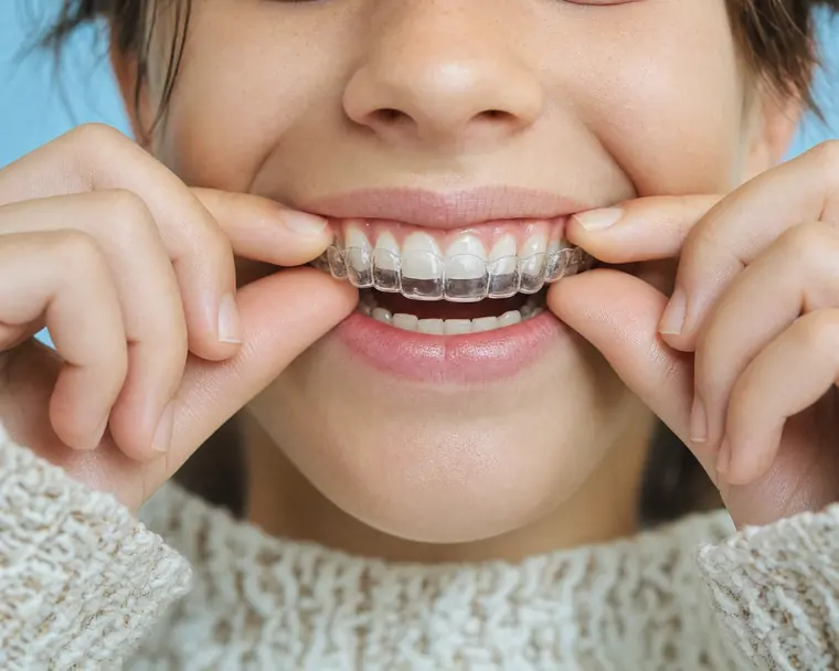 A child pressing a clear AIRTHO aligner onto their upper teeth