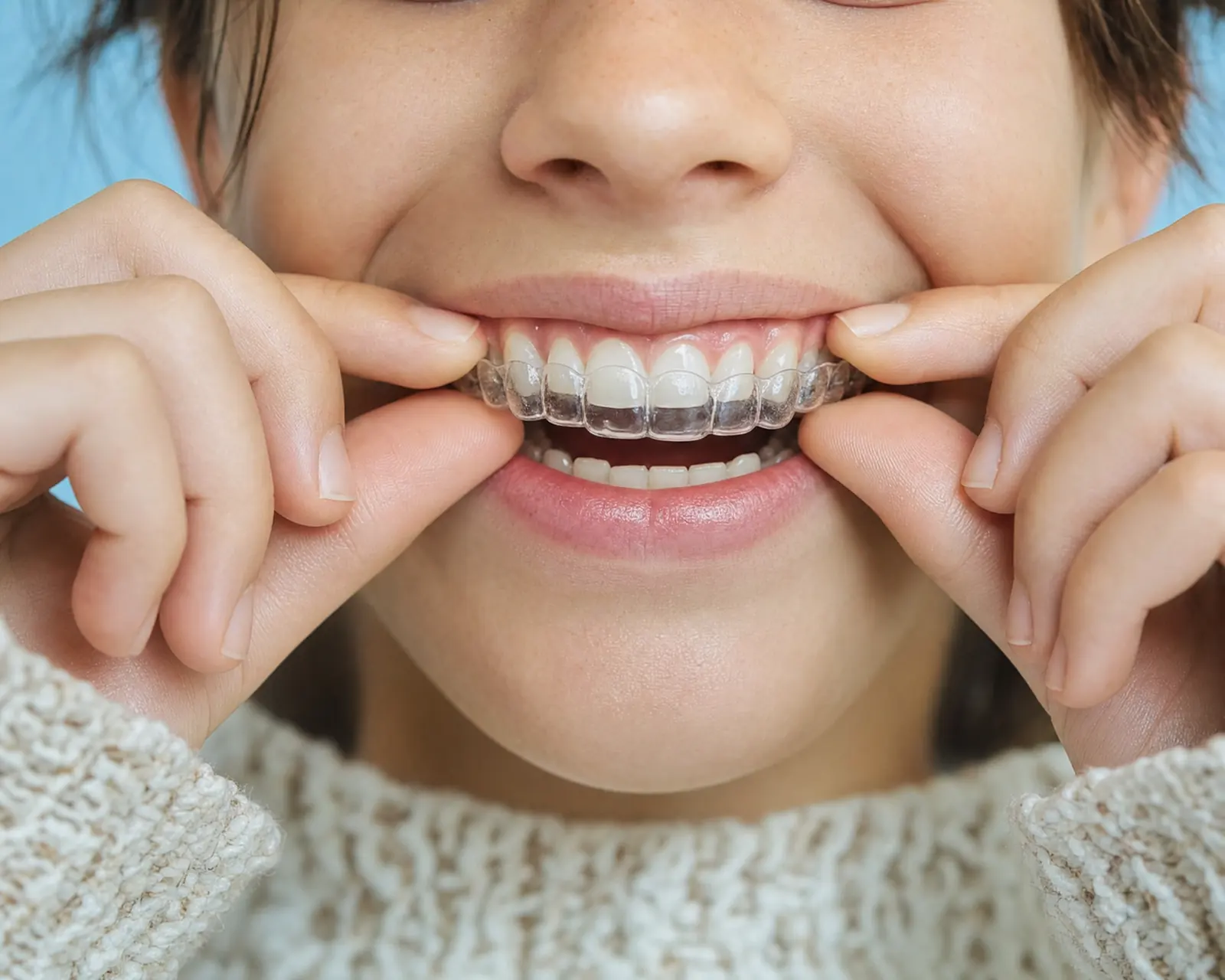 A child pressing a clear AIRTHO aligner onto their upper teeth