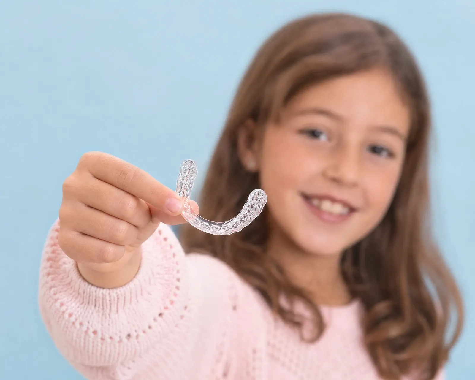 A smiling young girl holding up her clear aligner tray