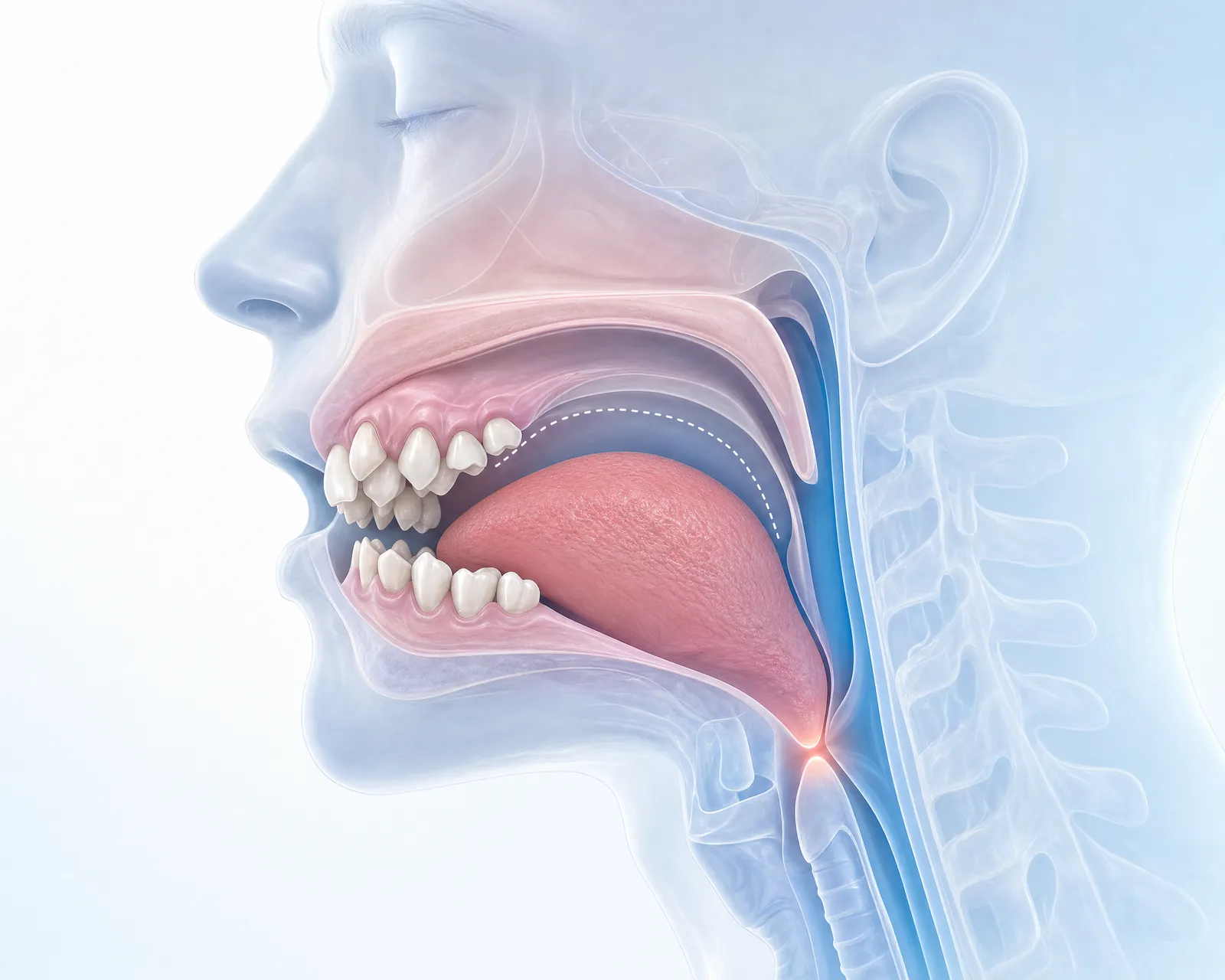 Illustration of a narrow, crowded upper arch leaving the tongue low and pushed back, narrowing the airway