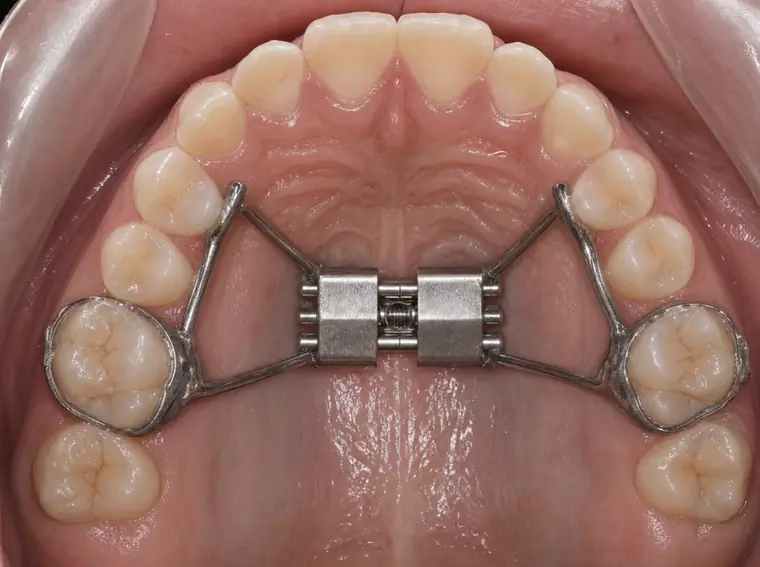 A fixed Hyrax palate expander banded to the upper molars, seen from below