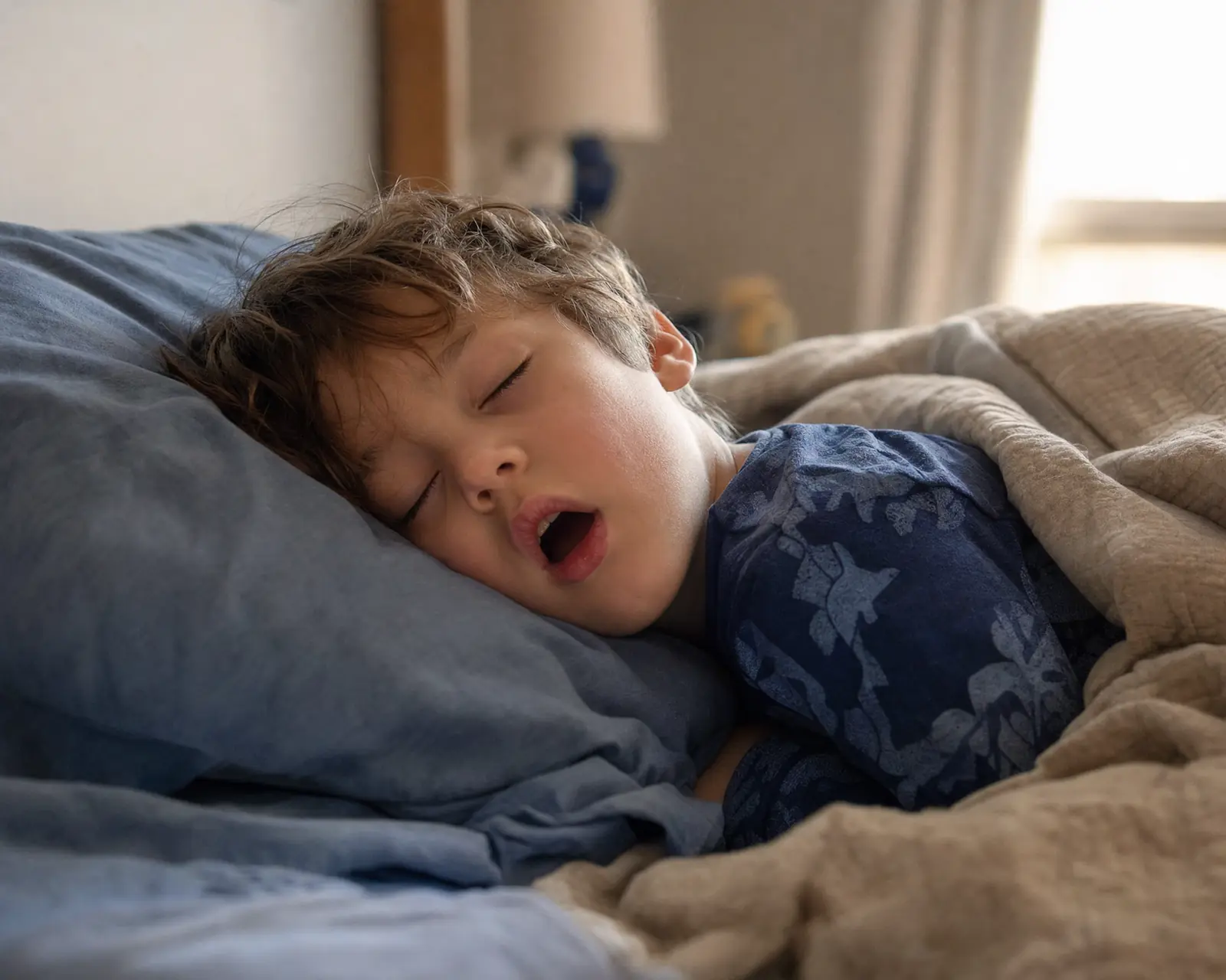 A young child asleep with their mouth open, a common sign of mouth breathing during sleep