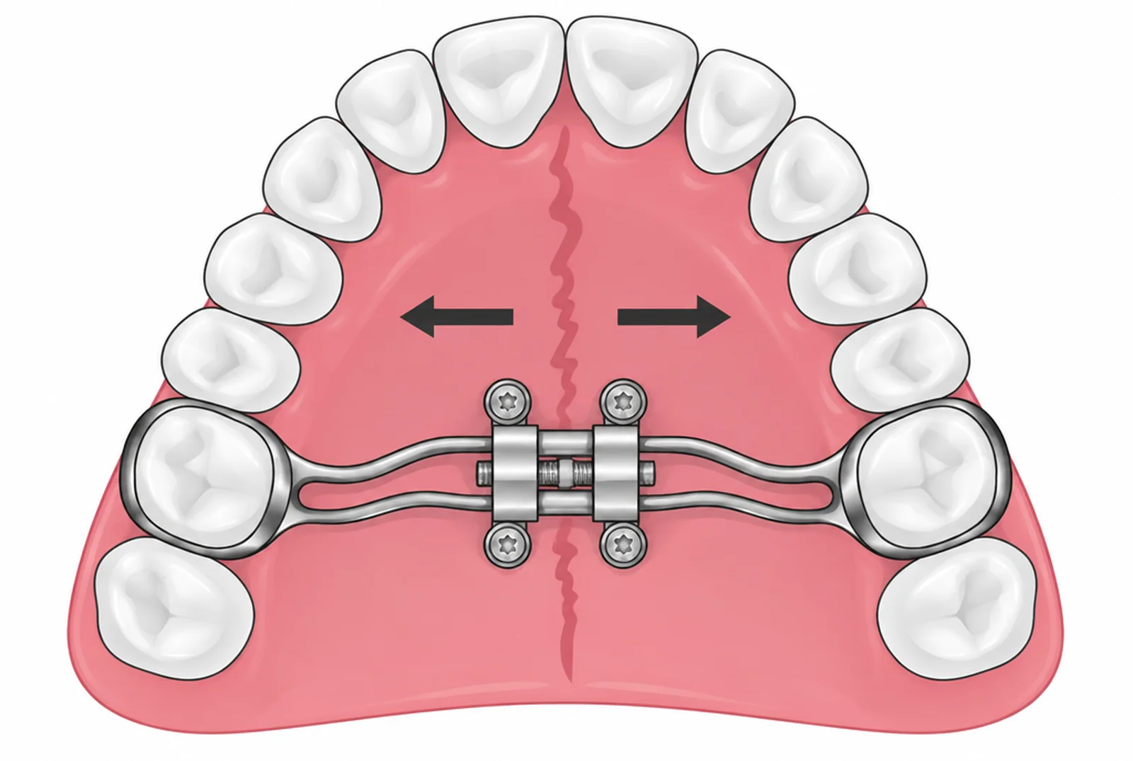 Illustration of a MARPE expander anchored to the palate with four small mini-screws, with arrows showing the upper jaw widening