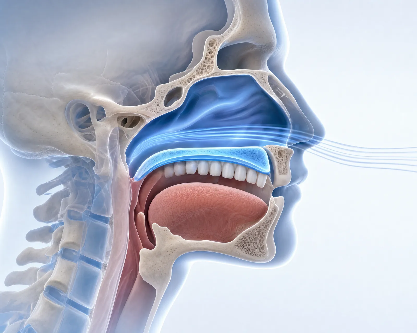3D illustration of the head in cross-section, showing the hard palate as both the roof of the mouth and the floor of the nasal airway