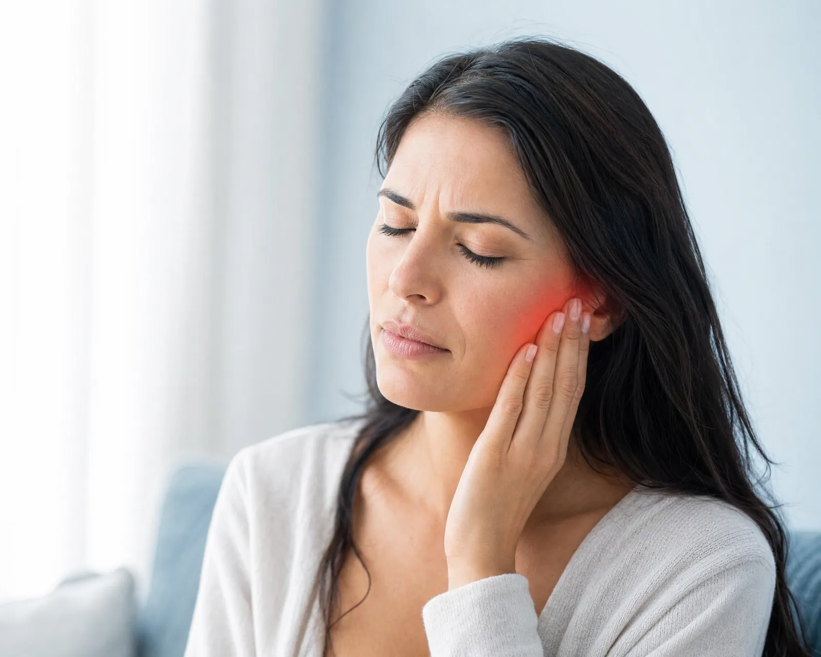 A woman pressing her fingertips to the side of her jaw in front of her ear, feeling TMJ jaw pain