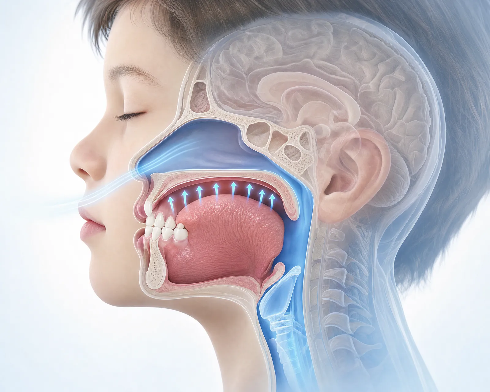 Illustration of a child breathing through the nose with the tongue resting on the palate and an open airway