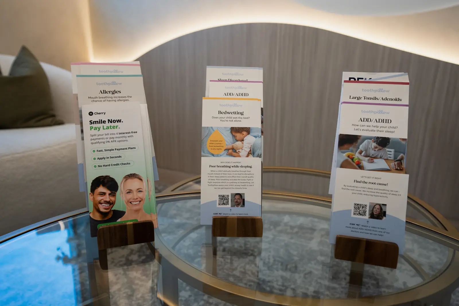 Patient information brochures in the Toothpillow Breathing and Sleep Center waiting room